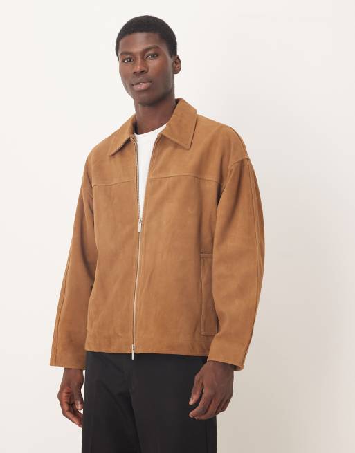 Selected double zip smart suede jacket in light brown