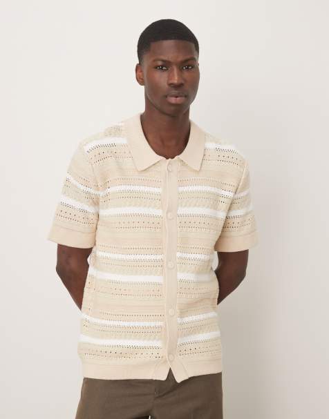 Selected knitted shirt in beige stripe 