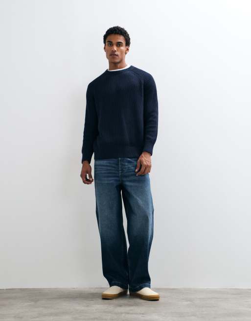 Selected dzianinowy sweter o splocie rybackim w kolorze granatowym, 2 z 5