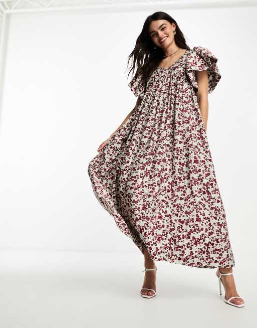 Selected Femme - Aangerimpelde maxi jurk met extreme mouwen en bloemenprint