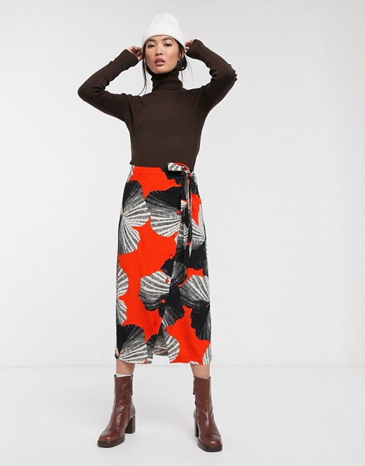 Selected Femme abstract print midi skirt with asymetric wrap
