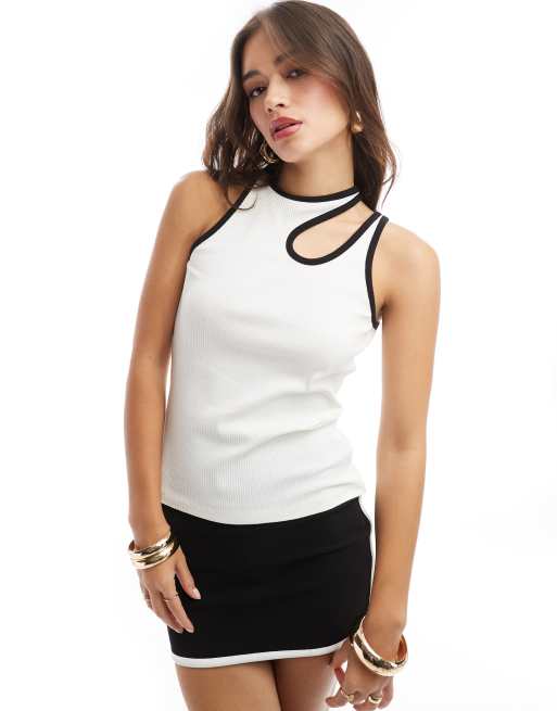 Selected Femme asymmetric singlet with black binding in white 