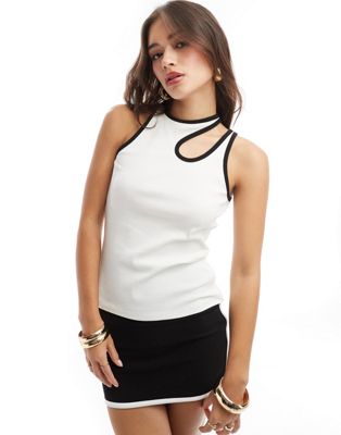 Selected Femme asymmetric vest with black binding in white