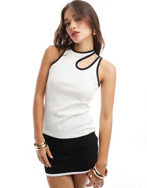 Selected Femme Asymmetric Vest With Black Binding In White 