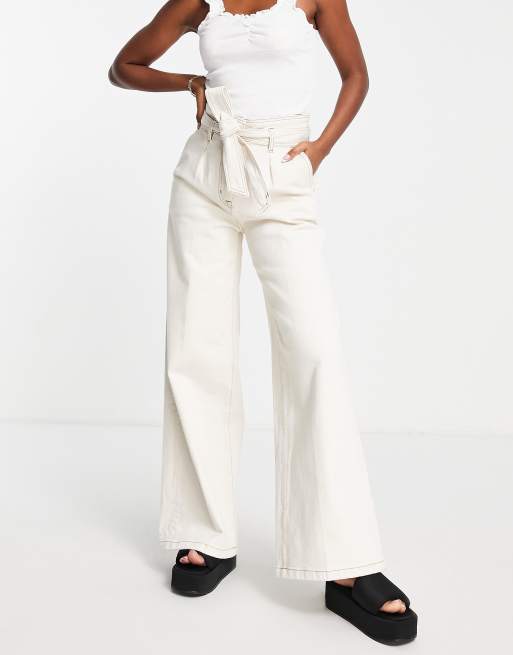 Selected Femme – Baumwoll-Jeans in Ecru mit sehr hohem Bund und weitem Schnitt - CREAM