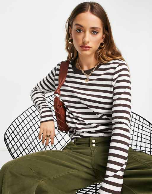 Selected Femme – Bawełniany T-shirt z długim rękawem w czekoladowe paski – BROWN