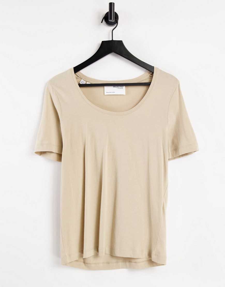 Selected Femme - Beige T-shirt med rund hals i økologisk bomuld-Neutral