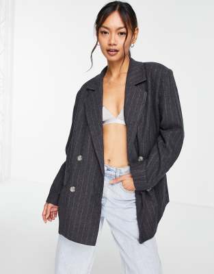 Selected Femme double breasted wool mix suit blazer in grey pinstripe - ASOS Price Checker