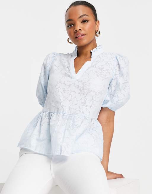 Selected Femme blouse with puff sleeve in light blue | ASOS