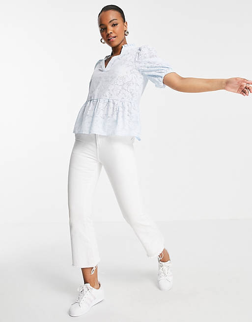 Women Shirts & Blouses/Selected Femme blouse with puff sleeve in light blue 