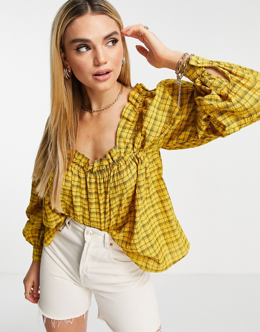 Selected Femme blouse with square neck and volume sleeves in dream yellow check-Multi