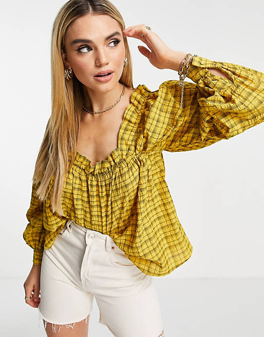 Selected Femme blouse with square neck and volume sleeves in dream yellow check