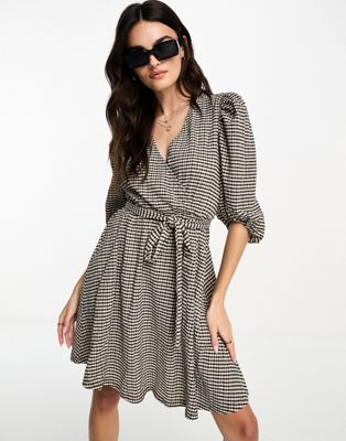 Selected Femme blouson sleeve mini dress with tie belt in brown check