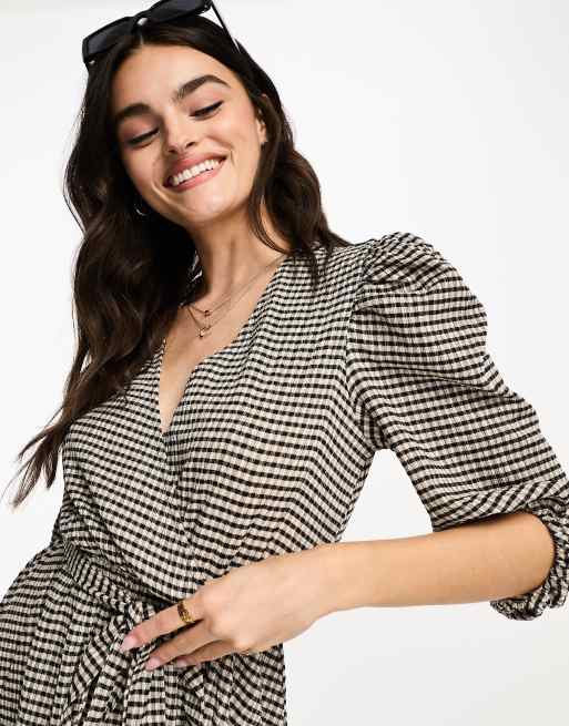 Selected Femme blouson sleeve mini dress with tie belt in brown check ASOS