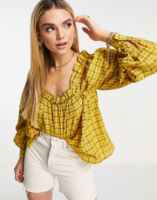 Selected Femme - Blusa con scollo quadrato e maniche voluminose con motivo a quadri, colore giallo