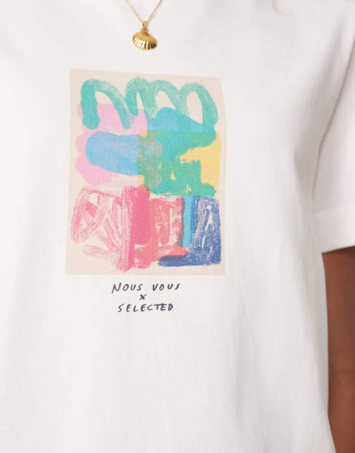 Selected Femme boxy t-shirt in white with bright colour chest print, 2 of 4