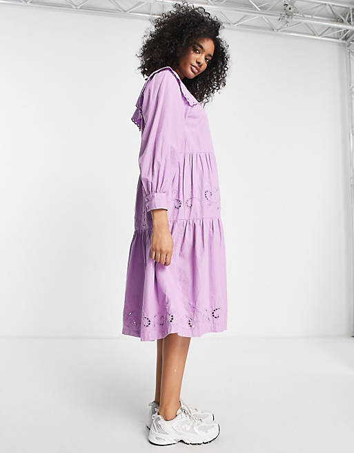 Selected Femme broderie detail midi dress with oversized collar in purple