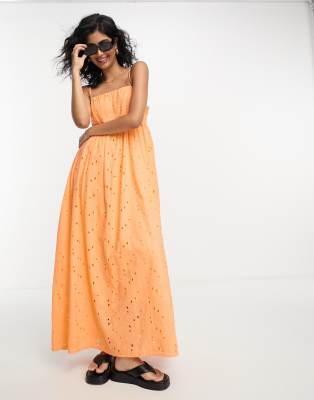 Selected Femme broderie maxi cami dress in peach orange