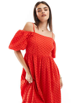 Selected Femme Broderie Maxi Dress In Red