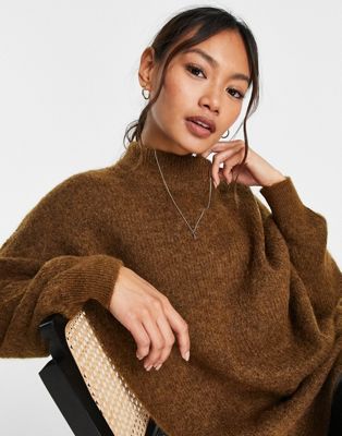Selected Femme brushed wool jumper with high neck and dipped hem in brown