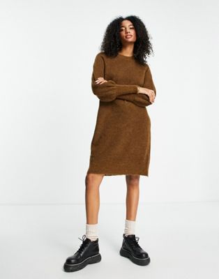 Selected Femme brushed wool knitted jumper dress with balloon sleeves in brown