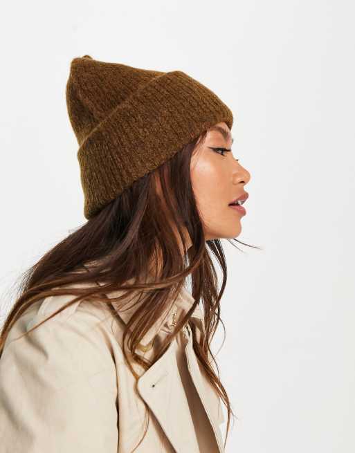 Selected Femme brushed wool ribbed knit beanie hat in brown