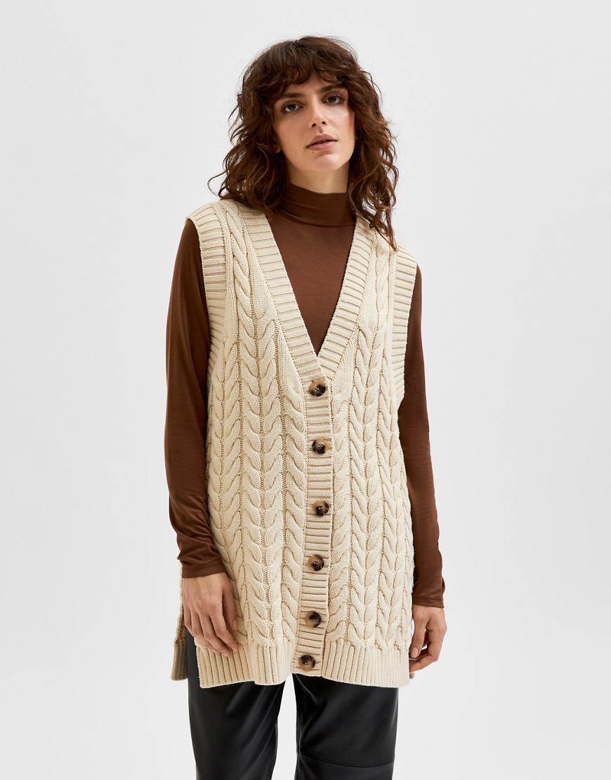 Selected Femme cable knit vest in cream-White