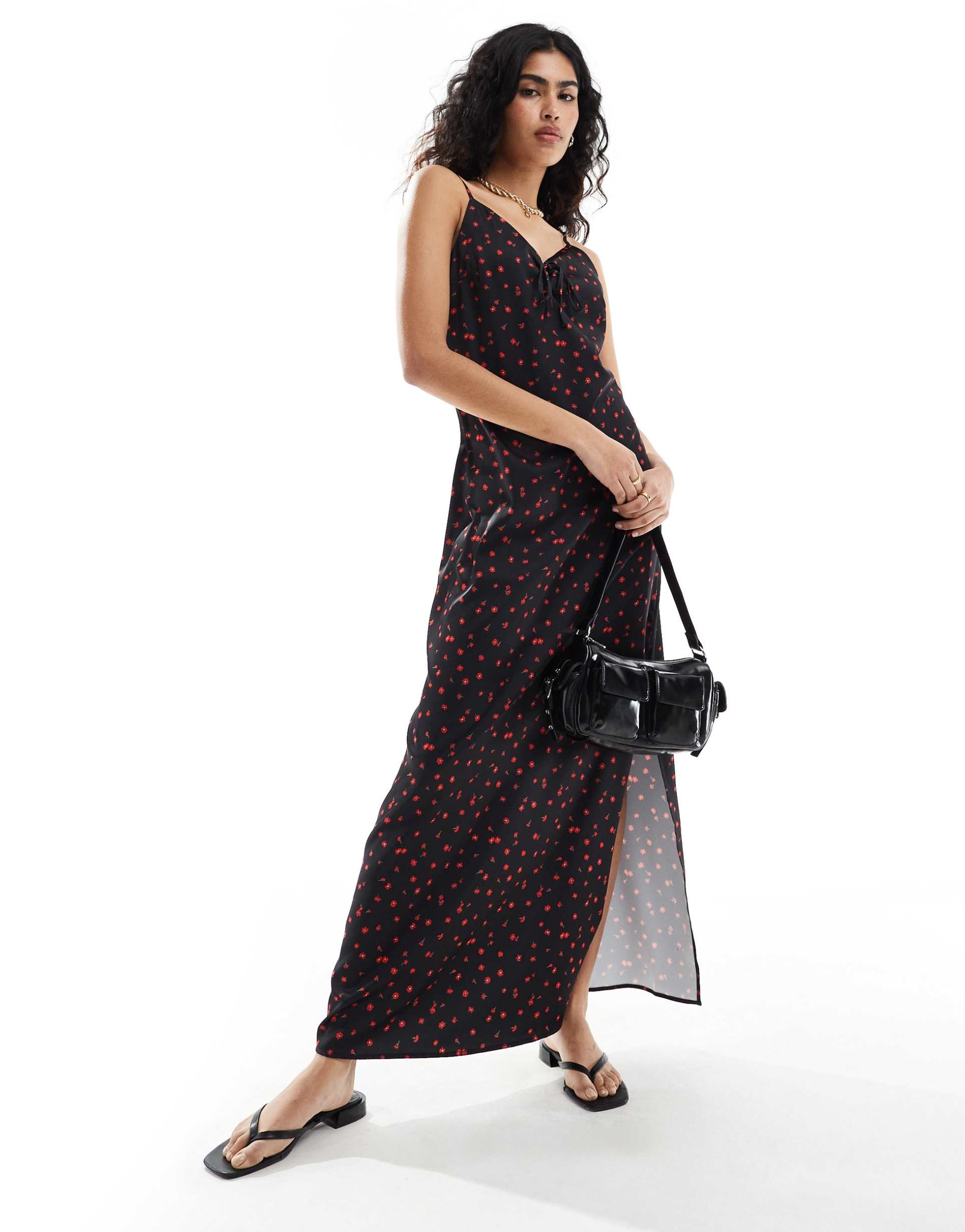 selected femme cami maxi satin dress with ruched detail in floral print