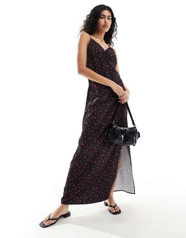 Selected - femme cami maxi satin dress with ruched detail in floral print