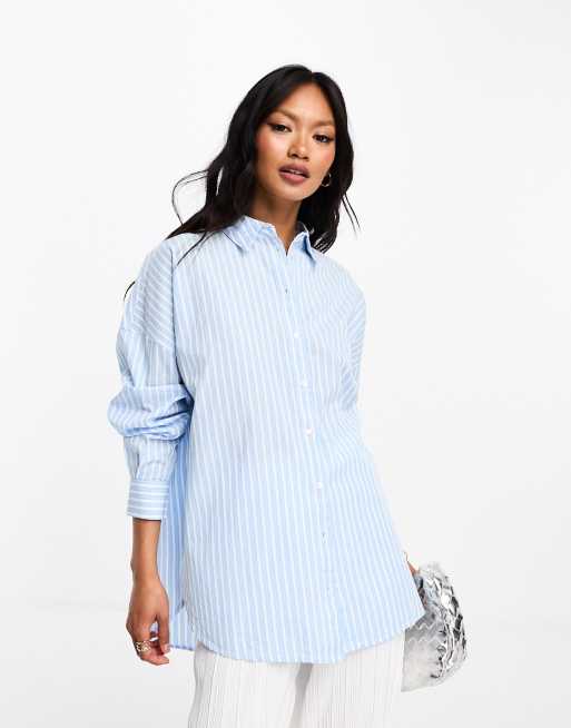 Selected Femme - Camicia oversize blu a righe con taglio asimmetrico