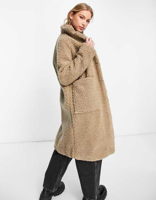 Selected Femme - Cappotto beige lungo effetto peluche con tasche oversize e collo a imbuto, 2 di 4