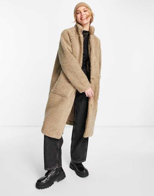 Selected Femme - Cappotto beige lungo effetto peluche con tasche oversize e collo a imbuto, 3 di 4