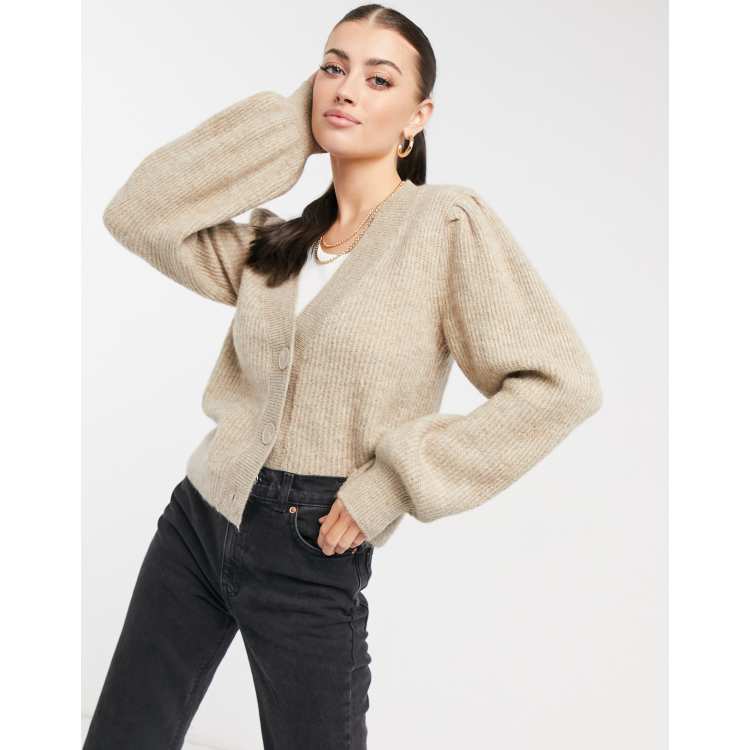 Selected Femme cardigan with balloon sleeves in beige ASOS