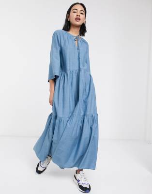 denim tiered maxi dress