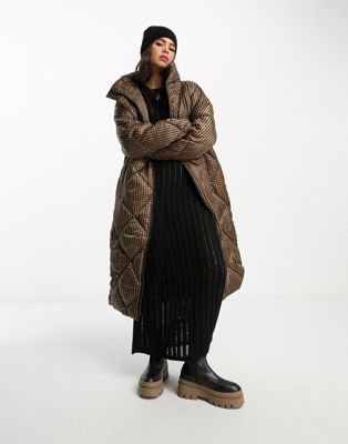 Selected Femme check padded maxi coat in multi