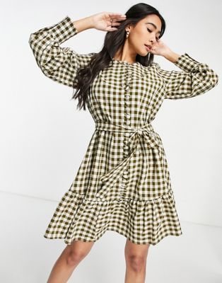 Selected Femme check smock dress in green