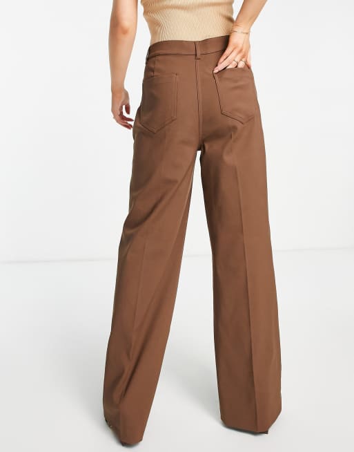 Selected Femme – Chokladbruna figursydda byxor i bomullsmix med vida ben - BROWN, 2 av 4