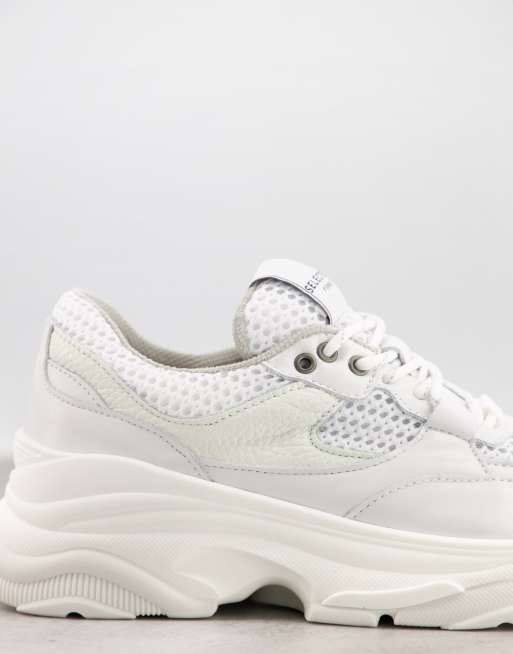 Selected Femme chunky leather sneakers with sports mesh in white