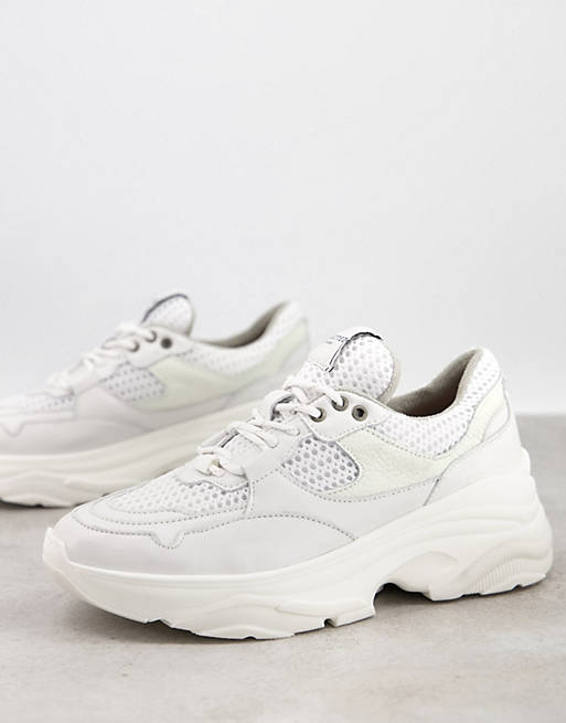 Women Trainers/Selected Femme chunky leather trainers with sports mesh in white 