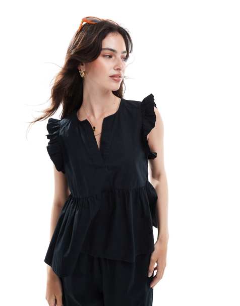 Selected co-ord frilly top in black 