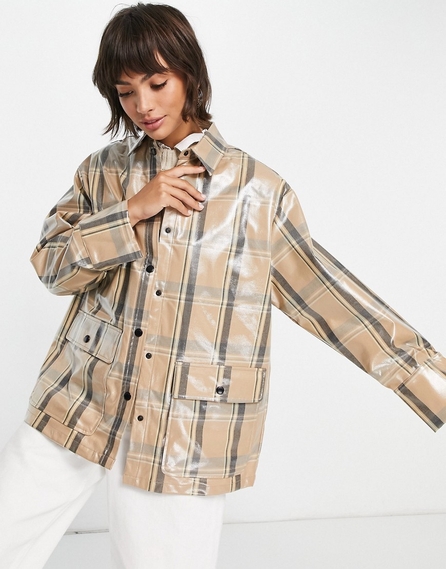 Selected Femme coated shacket in check-Multi