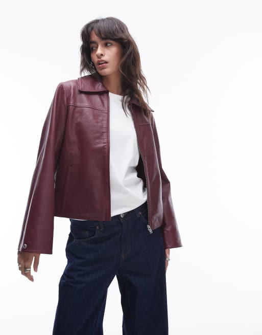 Selected Femme collar real leather jacket in dark red ASOS