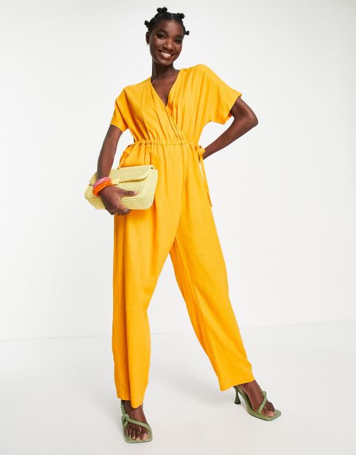 Selected Femme - Combinaison nouée à la taille en lin mélangé - Orange , 4 de 4