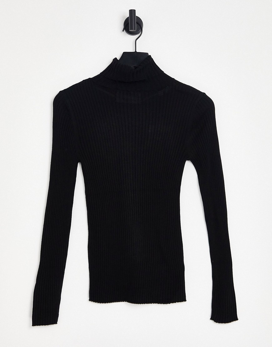 selected femme costina knit rib rollneck jumper in black