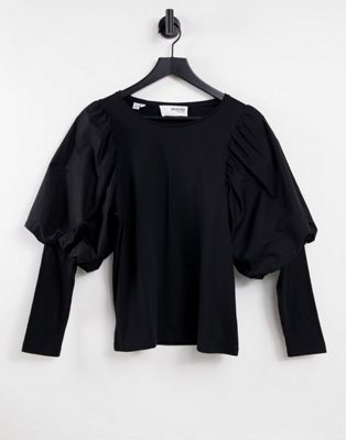 Selected Femme cotton blend long sleeved T-shirt with woven volume sleeve in black - BLACK