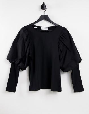 Selected Femme cotton long sleeve t-shirt with woven volume sleeve in black - BLACK - ASOS Price Checker
