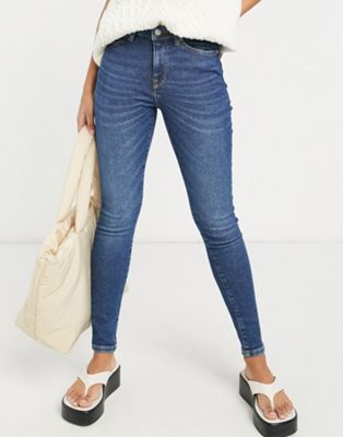 Selected Femme cotton blend Sophia skinny jeans with mid rise in dark blue - MBLUE