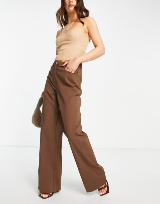 Selected Femme cotton blend tailored wide leg trousers in chocolate brown - BROWN, 3 of 4