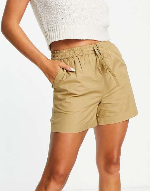 Selected Femme cotton casual shorts with drawstring waist in camel TAN