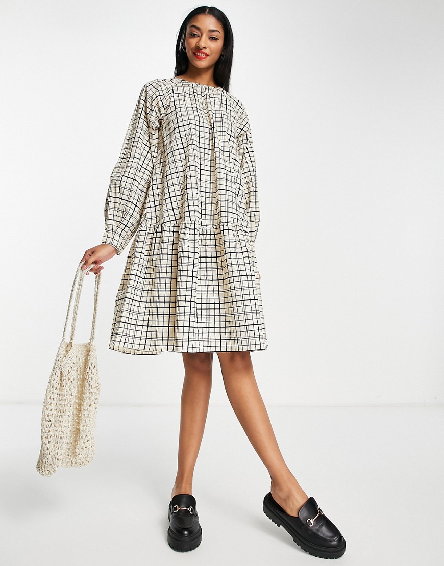 Selected Femme cotton check dress in cream-White